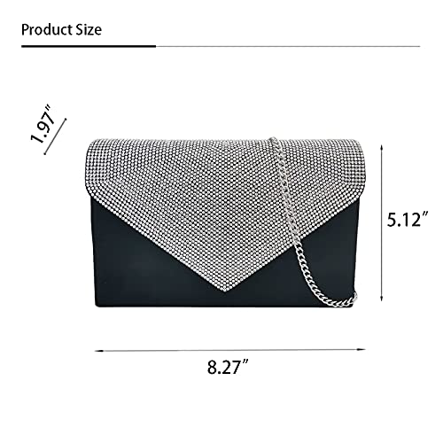 JUBOO PARADISE Black Evening Purses for Women Wedding Prom Party, Silver Rhinestone Faux Suede Crossbody Shoulder Formal Bride Envelop Evening Clutch Bag Handbag