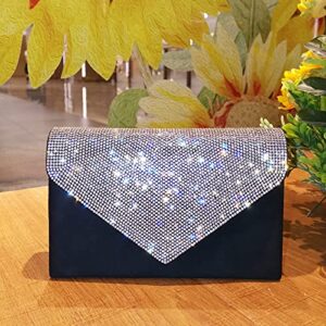 JUBOO PARADISE Black Evening Purses for Women Wedding Prom Party, Silver Rhinestone Faux Suede Crossbody Shoulder Formal Bride Envelop Evening Clutch Bag Handbag