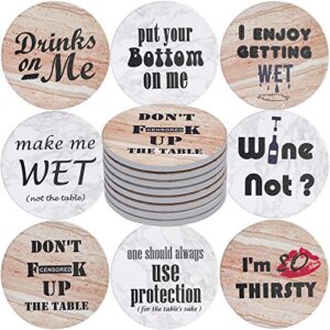 enkore novelty coasters set of 8 funny quotes – hilarious party conversation starter, housewarming gift for guy or badass- x large 4.3″ marble finish with cork back fit all drink glass and table types