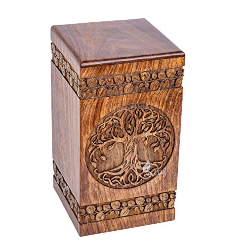 INTAJ Handmade Rosewood Urn for Human Ashes - Adult Tree of Life Wooden Urns Hand-Crafted - Celtic Funeral Cremation Urn for Dogs Engraved (Rosewood, Large - 11.25Hx6.25W (250 Cu/in))