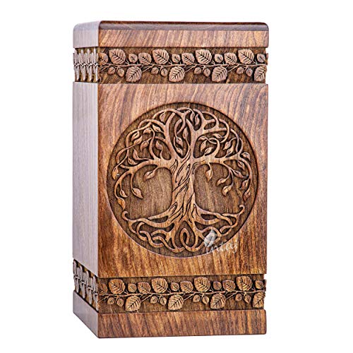 INTAJ Handmade Rosewood Urn for Human Ashes - Adult Tree of Life Wooden Urns Hand-Crafted - Celtic Funeral Cremation Urn for Dogs Engraved (Rosewood, Large - 11.25Hx6.25W (250 Cu/in))