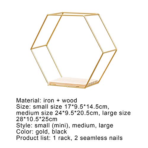 Goodilest Hexagon Floating Wood Book Shelves, Iron Storage Holder Wall-Mounted Multifunctional Nordic Style Geometric Firm Hexagonal Shelf for Home Bedroom Bathroom Black L1