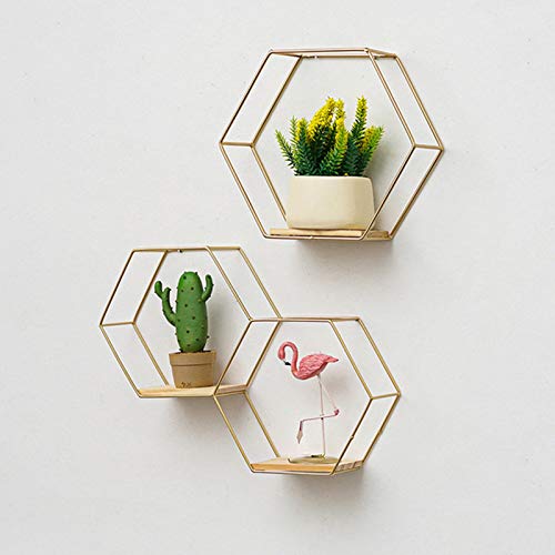 Goodilest Hexagon Floating Wood Book Shelves, Iron Storage Holder Wall-Mounted Multifunctional Nordic Style Geometric Firm Hexagonal Shelf for Home Bedroom Bathroom Black L1