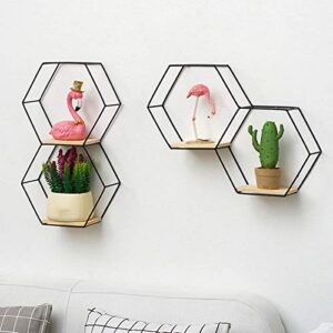 Goodilest Hexagon Floating Wood Book Shelves, Iron Storage Holder Wall-Mounted Multifunctional Nordic Style Geometric Firm Hexagonal Shelf for Home Bedroom Bathroom Black L1