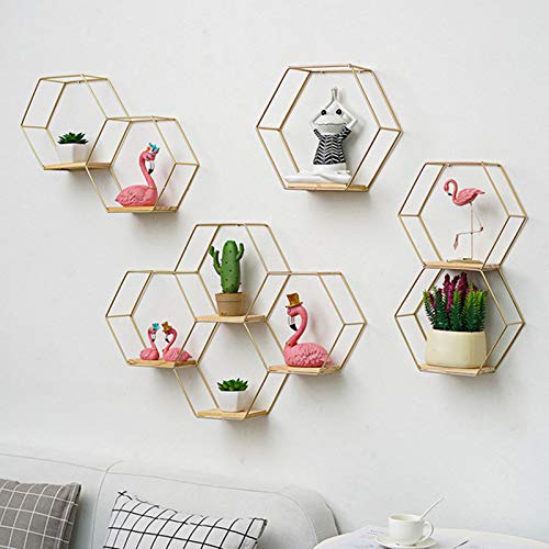 Goodilest Hexagon Floating Wood Book Shelves, Iron Storage Holder Wall-Mounted Multifunctional Nordic Style Geometric Firm Hexagonal Shelf for Home Bedroom Bathroom Black L1