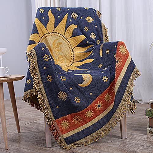 CUEERBOT Sun and Moon Stars Throw Blanket Celestial Tapestry Double-Sided Reversible Woven Cotton Home Decor Bedding Chair Couch Recliner Cover Loveseat Rug Tassels Blue Yellow