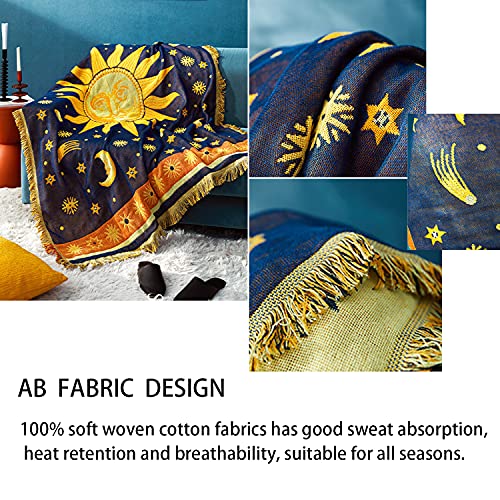 CUEERBOT Sun and Moon Stars Throw Blanket Celestial Tapestry Double-Sided Reversible Woven Cotton Home Decor Bedding Chair Couch Recliner Cover Loveseat Rug Tassels Blue Yellow