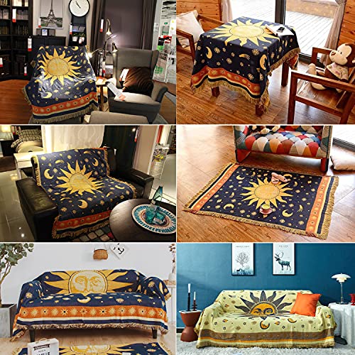 CUEERBOT Sun and Moon Stars Throw Blanket Celestial Tapestry Double-Sided Reversible Woven Cotton Home Decor Bedding Chair Couch Recliner Cover Loveseat Rug Tassels Blue Yellow