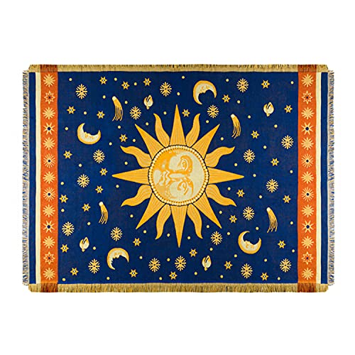 CUEERBOT Sun and Moon Stars Throw Blanket Celestial Tapestry Double-Sided Reversible Woven Cotton Home Decor Bedding Chair Couch Recliner Cover Loveseat Rug Tassels Blue Yellow