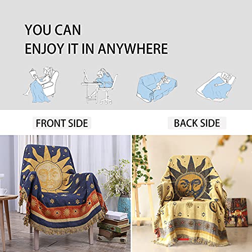 CUEERBOT Sun and Moon Stars Throw Blanket Celestial Tapestry Double-Sided Reversible Woven Cotton Home Decor Bedding Chair Couch Recliner Cover Loveseat Rug Tassels Blue Yellow