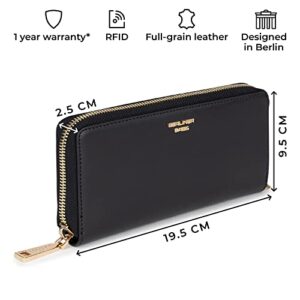 BERLINER BAGS Women’s Wallet Black Leather RFID Blocking Large Ladies’ Purse with Zipper fits 15+ Cards, Cash, Coins