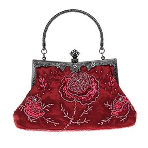 ro rox marie vintage clutch bag for women – 1920s peaky blinders beaded bag for evening – elegant purse with removable shoulder chain – snap closure – black sparkly handbag for wedding party, burgundy