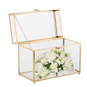 HighFree 10" Handmade Wedding Glass Card Box, Large Gold Terrarium Clear Glass Box