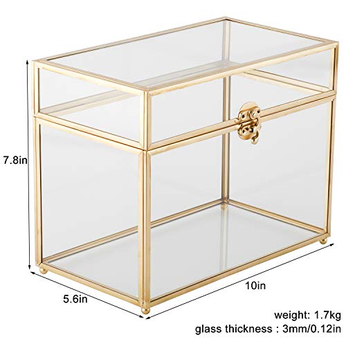 HighFree 10" Handmade Wedding Glass Card Box, Large Gold Terrarium Clear Glass Box