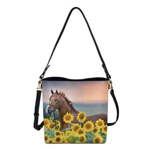 coeqine horse gift crossbody handbag for women girls,vintage sunflower bucket bag leather shoulder satchel casual travel shoulder bag