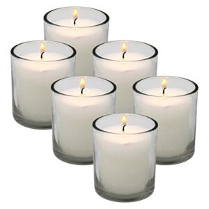 white votive candles in clear glass jar 24 hour long burning time decorative 1 day candle cups unscented for dinner wedding centerpieces -6 pack