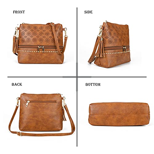 Boho Crossbody Bags for women Leather Purses and Handbags Small Cross Body bags Retro Hollow Out Bags Ladies Handbags Brown