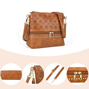 Boho Crossbody Bags for women Leather Purses and Handbags Small Cross Body bags Retro Hollow Out Bags Ladies Handbags Brown