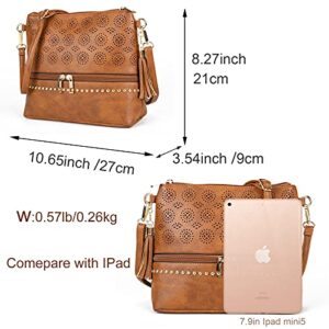 Boho Crossbody Bags for women Leather Purses and Handbags Small Cross Body bags Retro Hollow Out Bags Ladies Handbags Brown