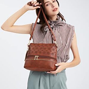 Boho Crossbody Bags for women Leather Purses and Handbags Small Cross Body bags Retro Hollow Out Bags Ladies Handbags Brown