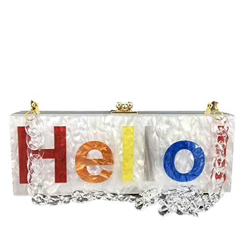 Boutique De FGG Hello Women Long Acrylic Clutch Purse Evening Bags Chain Shoulder & Crossbody Handbag (Small,White)