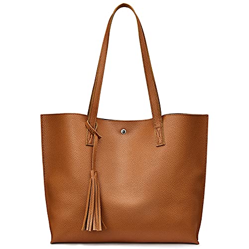 S-ZONE Women Genuine Leather Tote Bag Big Shoulder Purse Soft Handbag with Tassel