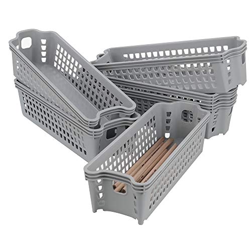 Ponpong Small Slim Grey Plastic Storage Baskets, 11.02" X 3.74" X 2.76", 6 Packs