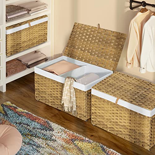 Greenstell Storage Basket with Lid, Handwoven Large Shelf Basket with Cotton Liner and Metal Frame, Foldable & Easy to Install, Storage Box Basket Bin with Handle for Bedroom, Laundry Room 65L (Natural, 22.2x13.4x13.4 inch)