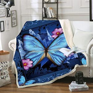 Butterfly Print Sherpa Fleece Blanket Ultra Soft Microfiber Plush Blankets for Kids and Adults Vintage Blue Watercolor Butterflies Pattern Soft Bed Blanket for Couch Sofa Bed Throw (Butterfly,59x79)