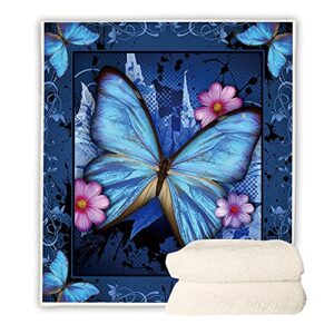 Butterfly Print Sherpa Fleece Blanket Ultra Soft Microfiber Plush Blankets for Kids and Adults Vintage Blue Watercolor Butterflies Pattern Soft Bed Blanket for Couch Sofa Bed Throw (Butterfly,59x79)