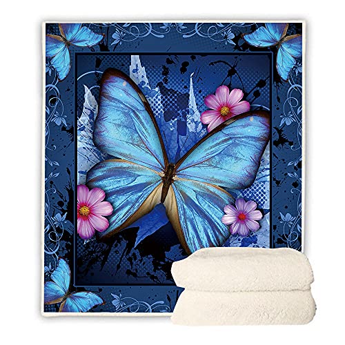 Butterfly Print Sherpa Fleece Blanket Ultra Soft Microfiber Plush Blankets for Kids and Adults Vintage Blue Watercolor Butterflies Pattern Soft Bed Blanket for Couch Sofa Bed Throw (Butterfly,59x79)