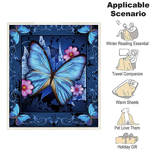 Butterfly Print Sherpa Fleece Blanket Ultra Soft Microfiber Plush Blankets for Kids and Adults Vintage Blue Watercolor Butterflies Pattern Soft Bed Blanket for Couch Sofa Bed Throw (Butterfly,59x79)