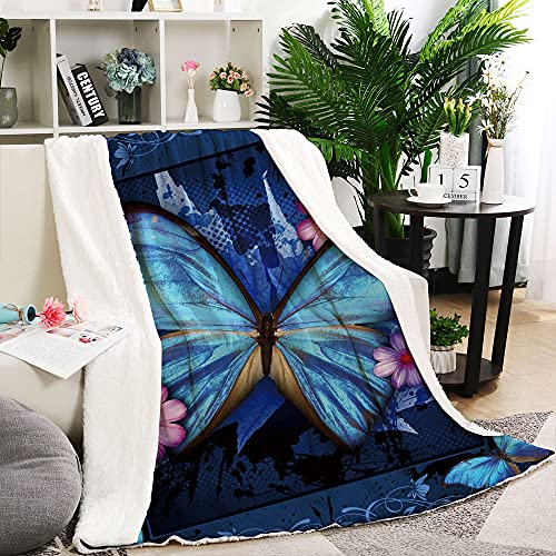 Butterfly Print Sherpa Fleece Blanket Ultra Soft Microfiber Plush Blankets for Kids and Adults Vintage Blue Watercolor Butterflies Pattern Soft Bed Blanket for Couch Sofa Bed Throw (Butterfly,59x79)