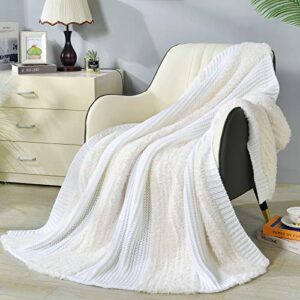decosy faux fur knitted throw blanket, soft warm cozy woven blanket for women, men and adults, lightweight decorative blanket for couch, bed, sofa, travel, suitable for all seasons (ivory, 50″x 60″)
