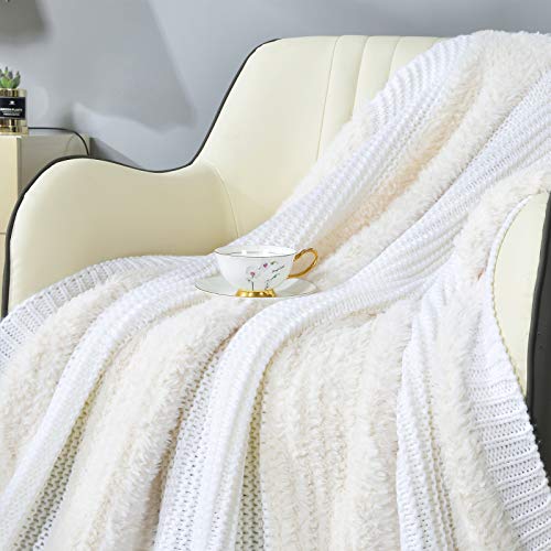 DECOSY Faux Fur Knitted Throw Blanket, Soft Warm Cozy Woven Blanket for Women, Men and Adults, Lightweight Decorative Blanket for Couch, Bed, Sofa, Travel, Suitable for All Seasons (Ivory, 50"x 60")