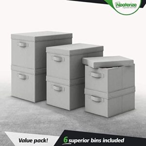NEATERIZE Storage Bins with Lids. Set of 6 Heavy Duty Stackable MDF Covered With Fabric Storage Boxes with 2 Handle, Use for Organizing Closet, Garage, Clothes, Blankets, Linen (Light Grey)