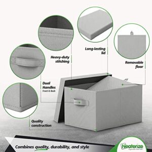 NEATERIZE Storage Bins with Lids. Set of 6 Heavy Duty Stackable MDF Covered With Fabric Storage Boxes with 2 Handle, Use for Organizing Closet, Garage, Clothes, Blankets, Linen (Light Grey)