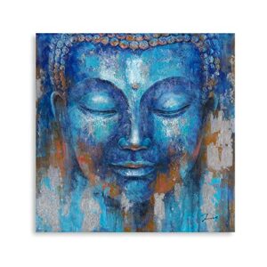 buddha wall art canvas painting indigo blue gautama head picture zen meditation buddhism statue decor for bathroom framed easy to hang (14″x14″x1 panel)