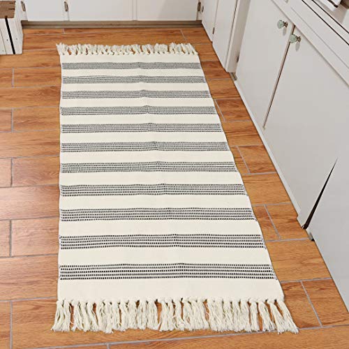 Black Striped Runner Rug,2’x4.3’ Modern Cotton Area Rug with Tassel Washable Doormat for Porch Entryway Bedroom Bathroom Living Room