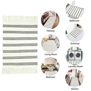 Black Striped Runner Rug,2’x4.3’ Modern Cotton Area Rug with Tassel Washable Doormat for Porch Entryway Bedroom Bathroom Living Room