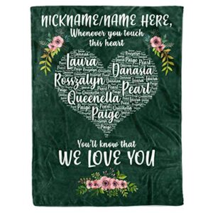 personalized custom kids grandkids names for dad mom grandma nana grandpa nana customized christmas holiday fleece sherpa blanket bed throw tapestry wall hanging (green – touch heart, fleece – 50×60)