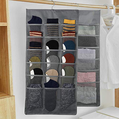 Ovyuzhen Dual-Sided Wall Closet Organizer Hanging with Mesh Pockets for Underwear,Bra,Socks,Accessories with Hanger Metal Hook Wardrobe Storage Bags Oxford Cloth Space Saver