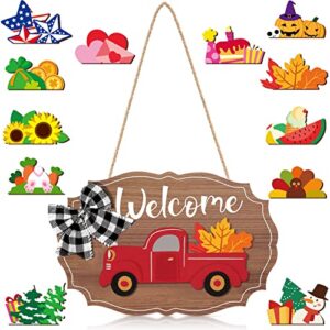 qunclay 12 pieces interchangeable truck blank welcome sign seasonal truck sign red truck decor with wooden cutouts for holiday thanksgiving halloween christmas party (natural,irregular style)
