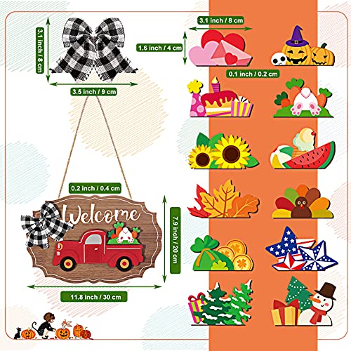 Qunclay 12 Pieces Interchangeable Truck Blank Welcome Sign Seasonal Truck Sign Red Truck Decor with Wooden Cutouts for Holiday Thanksgiving Halloween Christmas Party (Natural,Irregular Style)