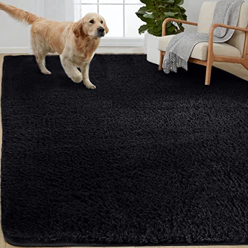 Gorilla Grip Soft Faux Fur Area Rug, Washable, Shed and Fade Resistant, Grip Dots Underside, Fluffy Shag Indoor Bedroom Rugs, Easy Clean, for Living Room Floor, Nursery Carpets, 6x9 FT, Jet Black