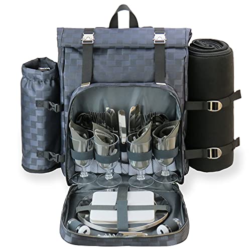 Picnic Backpack for 4 with Blanket, Insulated Picnic Backpack with Cooler Compartment, Travel Picnic Backpack with SS Plates, Cutlery, Wine Glasses, Chopping Board, Bottle Opener, Napkins S/P Shakers