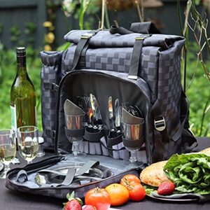 Picnic Backpack for 4 with Blanket, Insulated Picnic Backpack with Cooler Compartment, Travel Picnic Backpack with SS Plates, Cutlery, Wine Glasses, Chopping Board, Bottle Opener, Napkins S/P Shakers