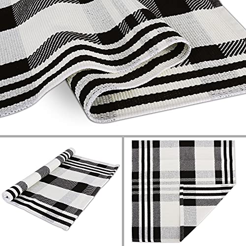 Buffalo Plaid Outdoor Rug Doormat 3'x5' Cotton Woven Black and White Checkered Rugs Machine Washable Stripe Area Rug Indoor Outdoor Carpet Layered Door Mats for Farmhouse Living Room Porch Bedroom