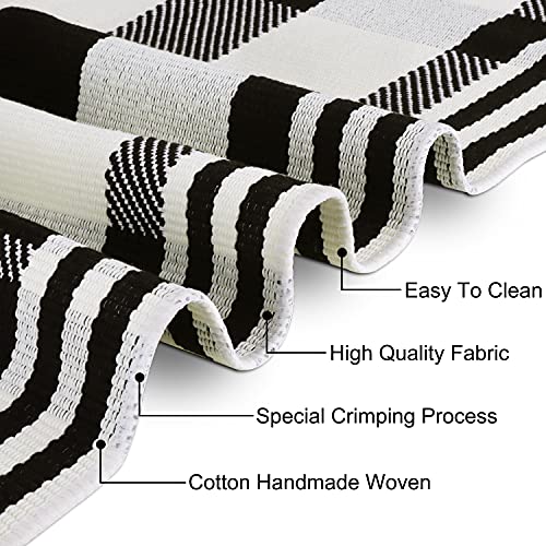 Buffalo Plaid Outdoor Rug Doormat 3'x5' Cotton Woven Black and White Checkered Rugs Machine Washable Stripe Area Rug Indoor Outdoor Carpet Layered Door Mats for Farmhouse Living Room Porch Bedroom