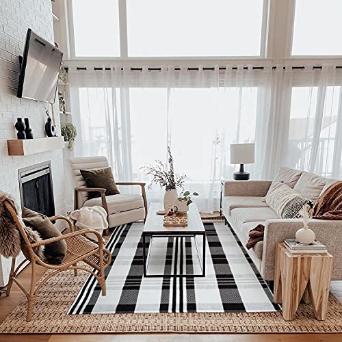 Buffalo Plaid Outdoor Rug Doormat 3'x5' Cotton Woven Black and White Checkered Rugs Machine Washable Stripe Area Rug Indoor Outdoor Carpet Layered Door Mats for Farmhouse Living Room Porch Bedroom